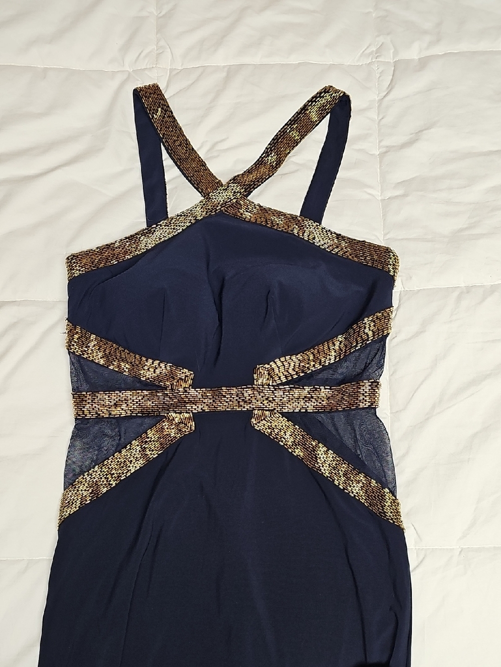 Betsy & Adam Navy Prom Dress with Gold Sequin Trim